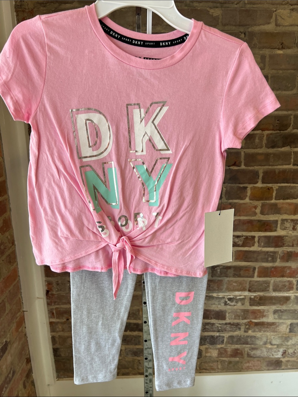 DKNY Pink Tie-Front Top with Gray Leggings Kids Pajama Set